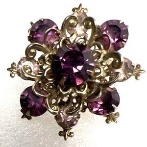 Vintage Purple Lavender Brooch Rhinestone Filigree Fleur-de-Lis Victorian Reviva